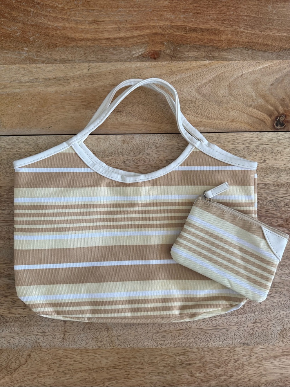 Avon Beige and Cream Striped Tote with Matching Pouch